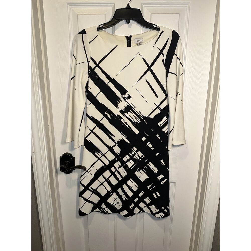 Cache Ivory Black Flare Sleeve Lined Knee Length Shift Dress Abstract Size 2
